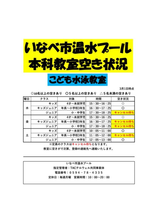 教室空き状況3月1日のサムネイル