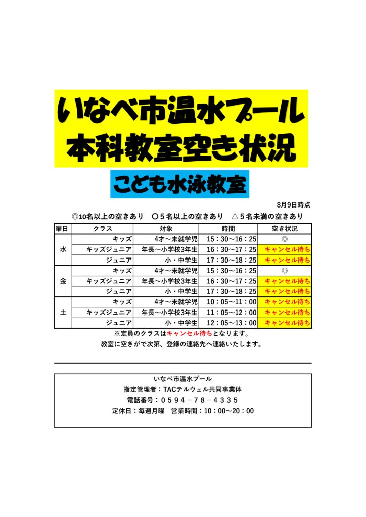 子ども水泳教室空き状況のお知らせ 8月9日更新 | いなべ市温水プール